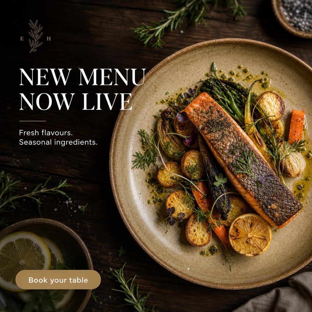 AI-generated restaurant new menu launch creative with seasonal plated dish