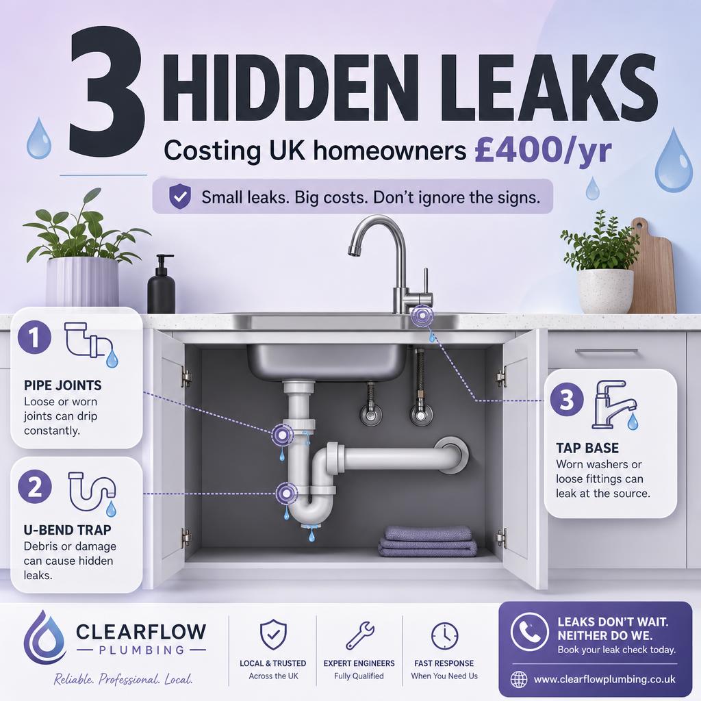 AI-generated plumbing infographic showing 3 hidden leaks costing UK homeowners £400/year