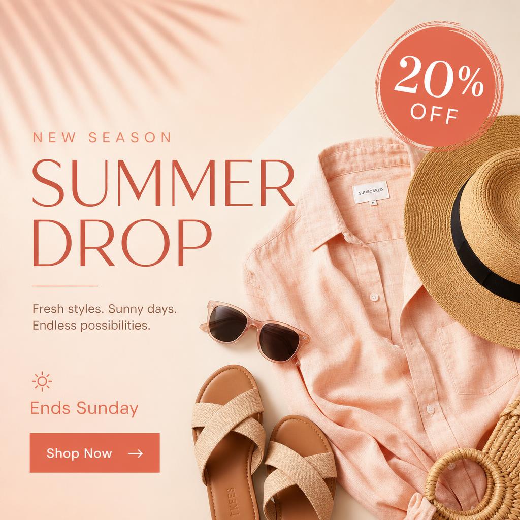 AI-generated summer fashion sale creative with 20% off badge